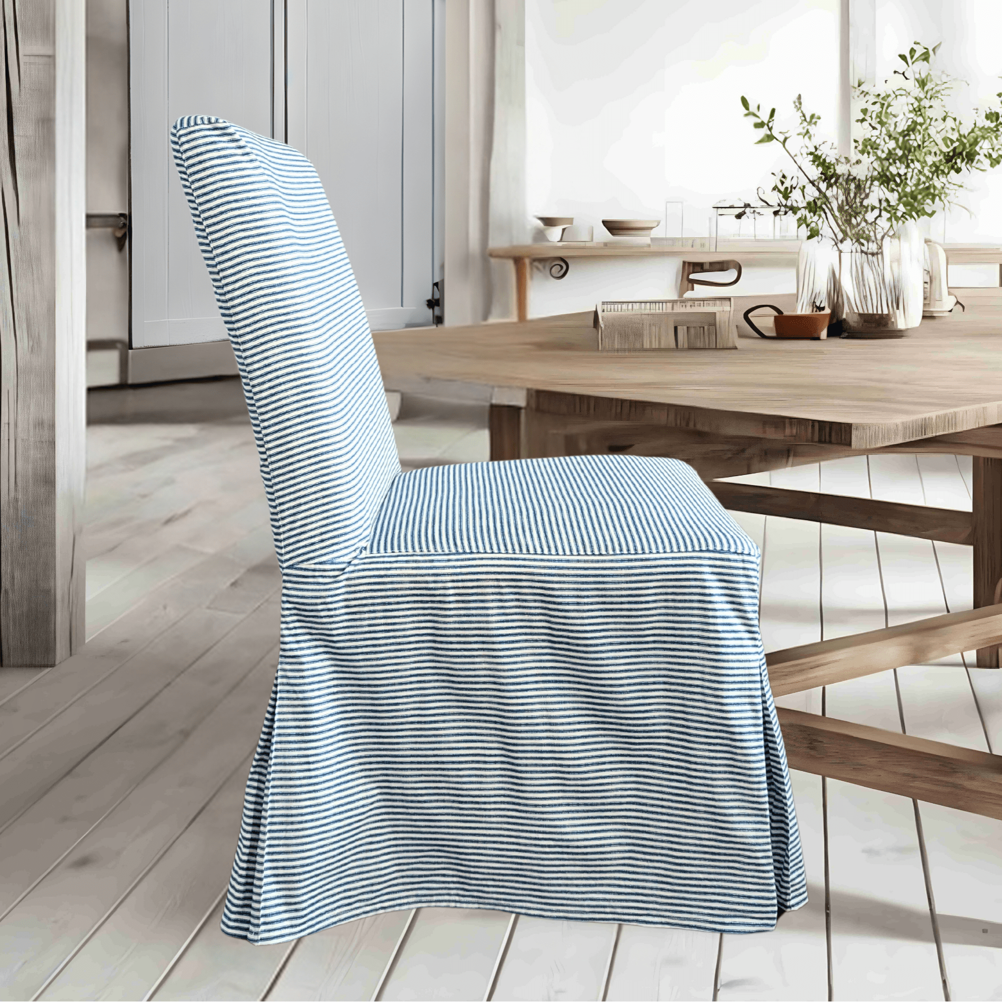 Rockin Cushions IKEA Henriksdal Dining Navy Ticking Stripe Floor Length Dining Chair Cover, Compatible with IKEA Henriksdal
